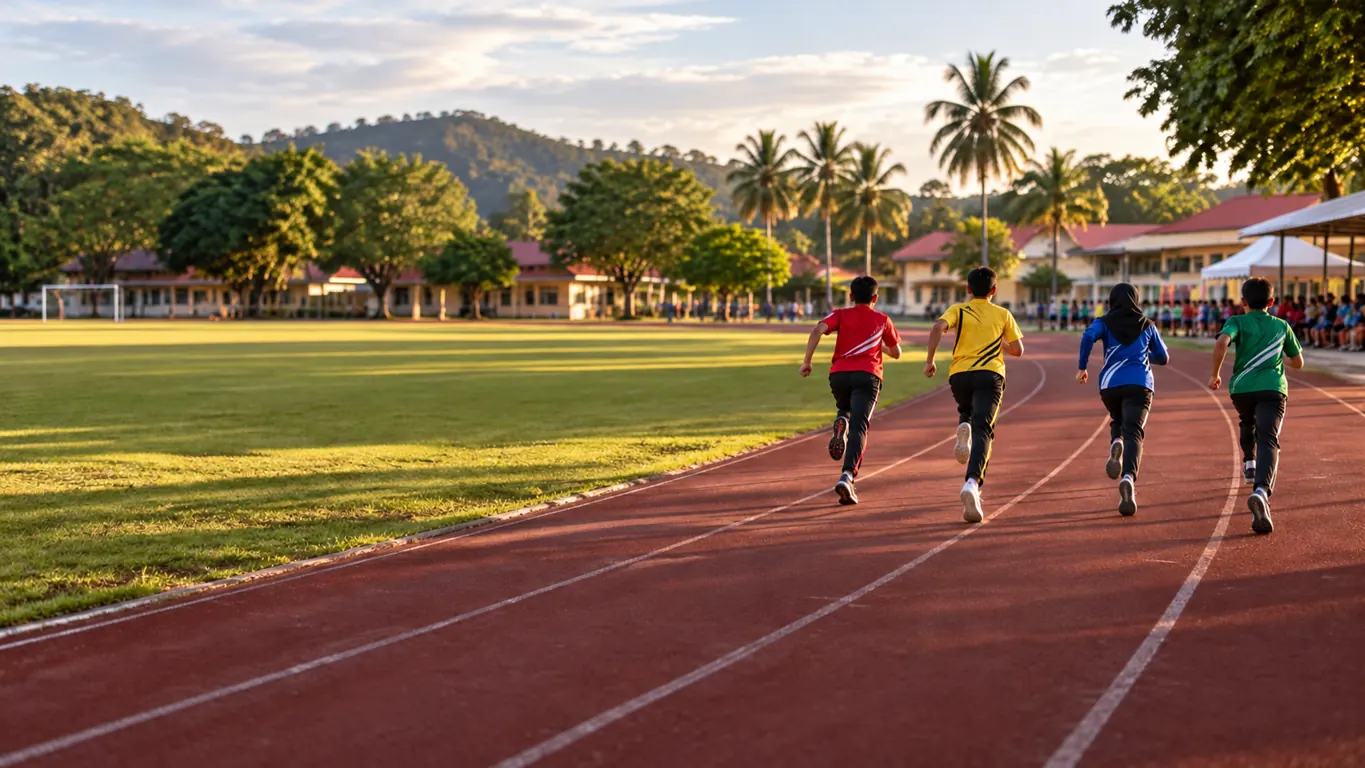 Atlet sekolah berlari di trek pada hari sukan